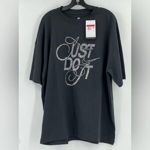 Nike Womens Black Oversized Fit Rhinestone Tee "Just Do It" Graphic Size Large